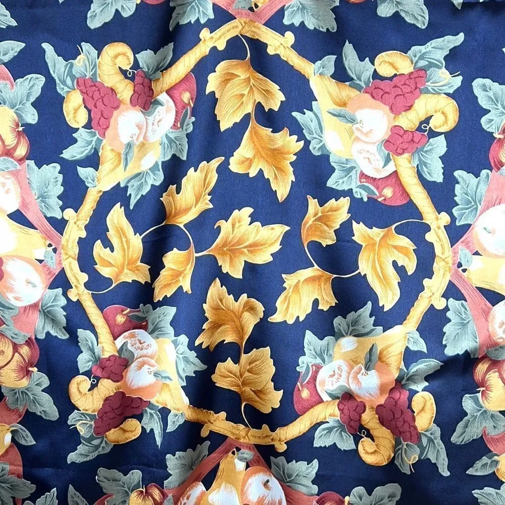 Silk Satin Navy Blue Square Scarf Fruits and Golden Leaves Print